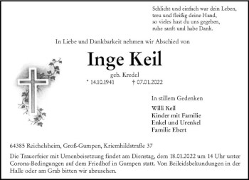 Traueranzeige von Inge Keil von vrm-trauer Odenwälder Echo