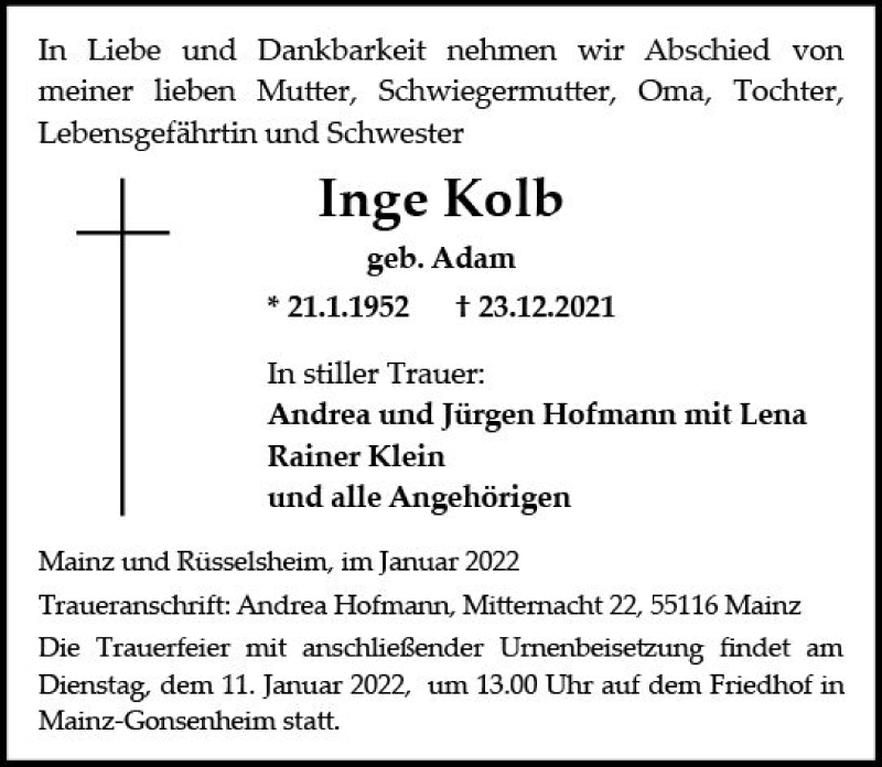  Traueranzeige für Inge Kolb vom 08.01.2022 aus vrm-trauer Rüsselsheimer Echo / MainSpitze