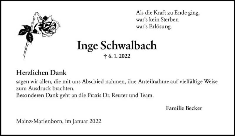  Traueranzeige für Inge Schwalbach vom 22.01.2022 aus vrm-trauer AZ Mainz