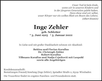 Traueranzeige von Inge Zehler von vrm-trauer Wiesbadener Kurier
