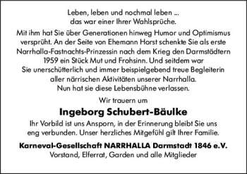 Traueranzeige von Ingeborg Bäulke-Schubert von vrm-trauer Darmstädter Echo