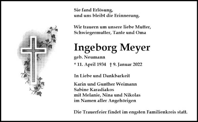  Traueranzeige für Ingeborg Meyer vom 22.01.2022 aus vrm-trauer Wiesbadener Kurier