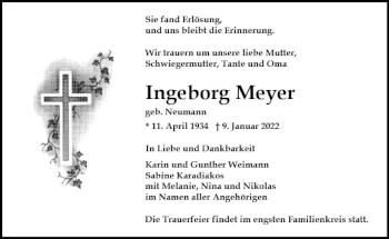 Traueranzeige von Ingeborg Meyer von vrm-trauer Wiesbadener Kurier