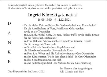 Traueranzeige von Ingrid Klotzki von vrm-trauer Allgemeine Zeitung Alzey