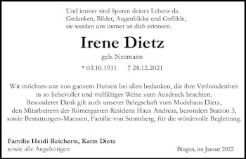 Traueranzeige von Irene Dietz von vrm-trauer Allgemeine  Zeitung Ingelheim-Bingen