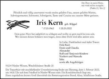 Traueranzeige von Iris Kern von vrm-trauer Allgemeine Zeitung Alzey