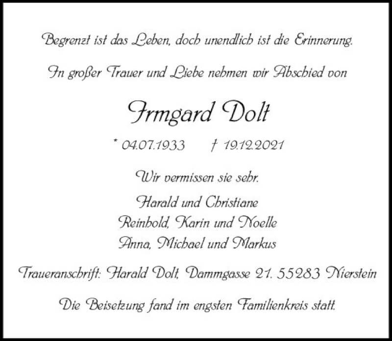  Traueranzeige für Irmgard Dolt vom 22.01.2022 aus vrm-trauer AZ Mainz