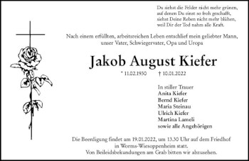 Traueranzeige von Jakob August Kiefer von vrm-trauer Wormser Zeitung