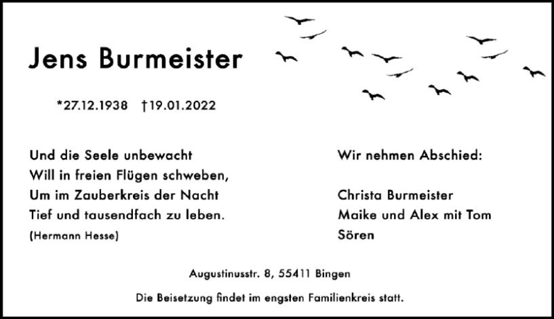  Traueranzeige für Jens Burmeister vom 24.01.2022 aus vrm-trauer Allgemeine  Zeitung Ingelheim-Bingen