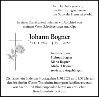 Traueranzeige von Johann Bogner von vrm-trauer Wormser Zeitung