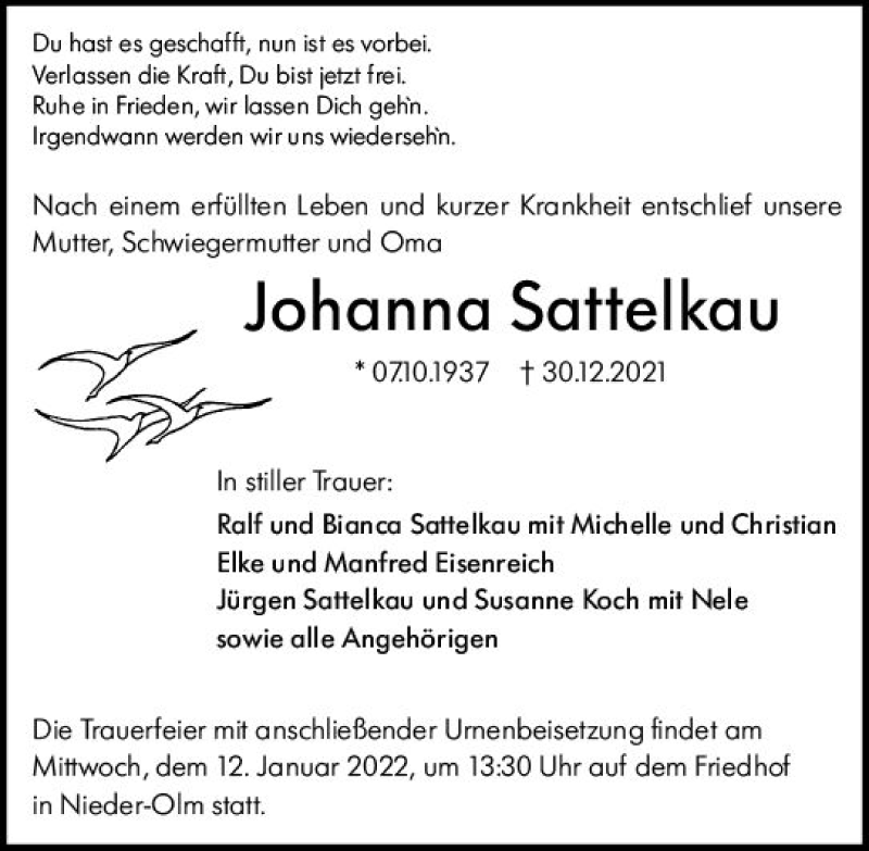  Traueranzeige für Johanna Sattelkau vom 08.01.2022 aus vrm-trauer AZ Mainz