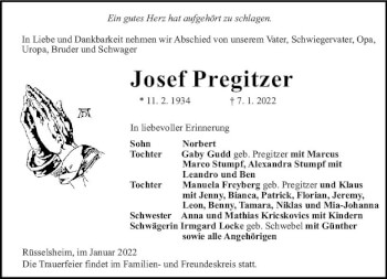 Traueranzeige von Josef Pregitzer von vrm-trauer Rüsselsheimer Echo / MainSpitze