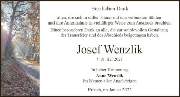 Traueranzeige von Josef Wenzlik von vrm-trauer Odenwälder Echo
