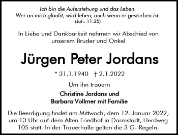 Traueranzeige von Jürgen Peter Jordans von vrm-trauer Darmstädter Echo