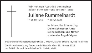 Traueranzeige von Juliane Rummelhardt von vrm-trauer Idsteiner Zeitung