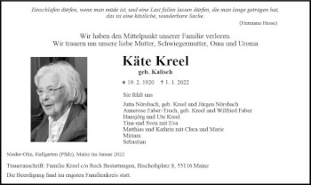 Traueranzeige von Käte Kreel von vrm-trauer AZ Mainz