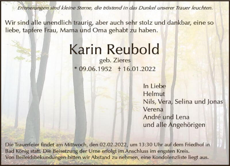  Traueranzeige für Karin Reubold vom 29.01.2022 aus vrm-trauer Odenwälder Echo