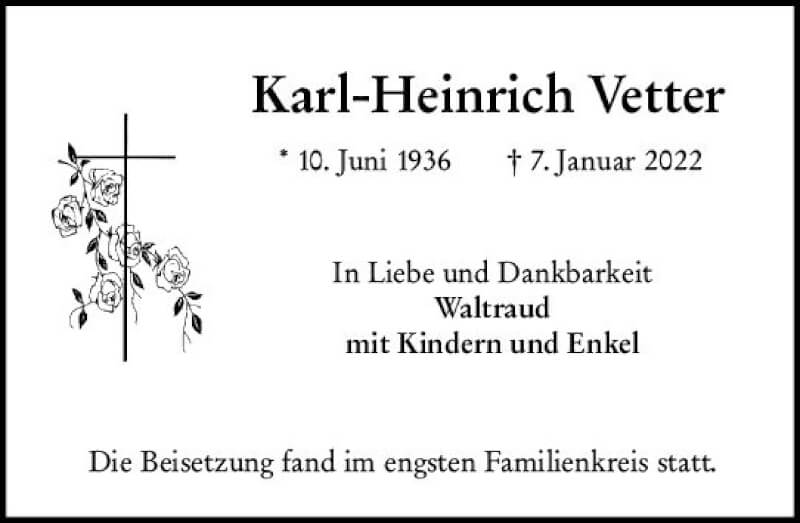  Traueranzeige für Karl-Heinrich Vetter vom 22.01.2022 aus vrm-trauer Darmstädter Echo