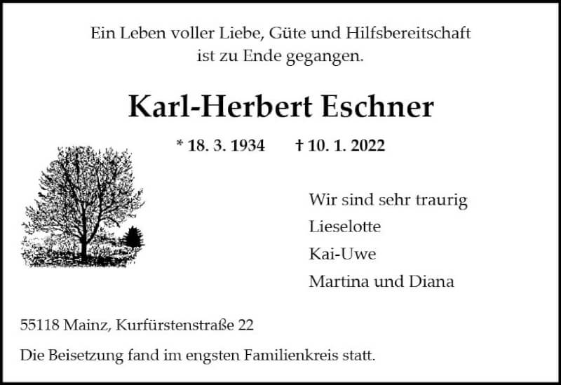  Traueranzeige für Karl-Herbert Eschner vom 22.01.2022 aus vrm-trauer AZ Mainz