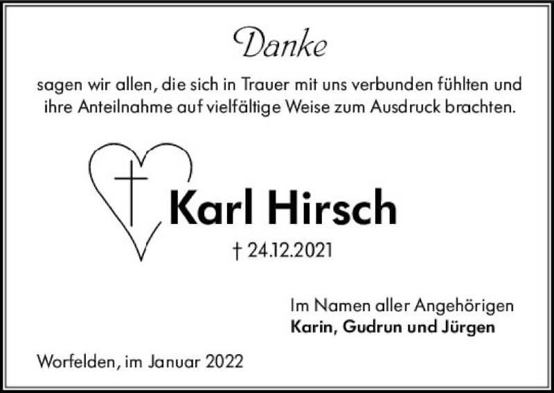  Traueranzeige für Karl Hirsch vom 22.01.2022 aus vrm-trauer Groß-Gerauer Echo