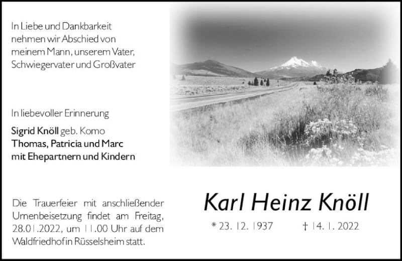  Traueranzeige für Karl Heinz Knöll vom 22.01.2022 aus vrm-trauer Rüsselsheimer Echo / MainSpitze