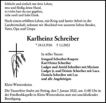 Traueranzeige von Karlheinz Schreiber von vrm-trauer AZ Mainz