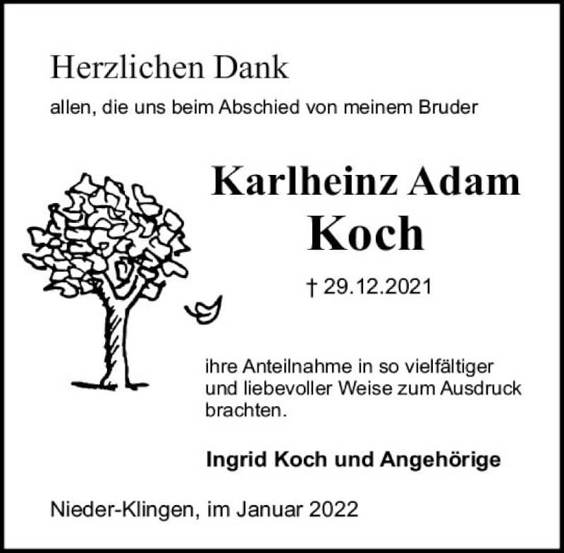  Traueranzeige für Karlheinz Adam Koch vom 29.01.2022 aus vrm-trauer Darmstädter Echo