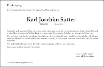 Traueranzeige von Karl Joachim Sutter von vrm-trauer Allgemeine Zeitung Alzey