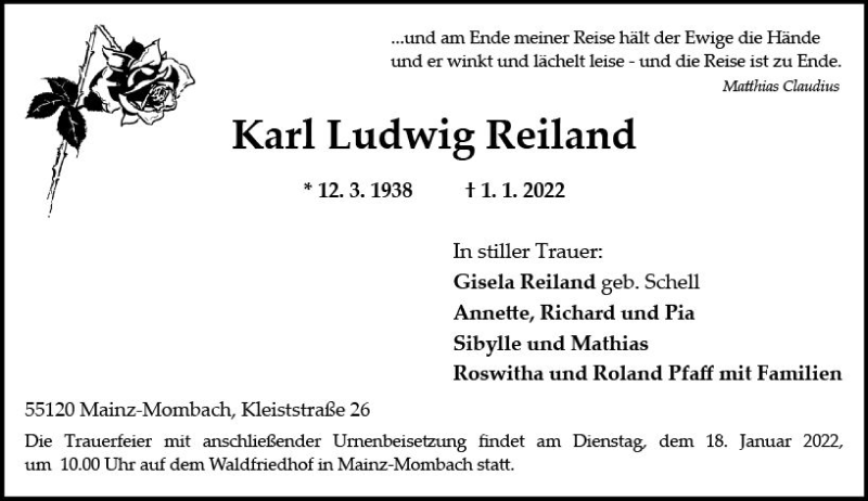 Traueranzeige für Karl Ludwig Reiland vom 13.01.2022 aus vrm-trauer AZ Mainz