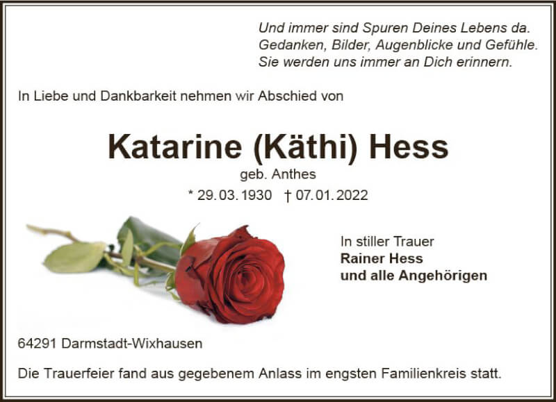  Traueranzeige für Katarine Hess vom 15.01.2022 aus vrm-trauer Darmstädter Echo