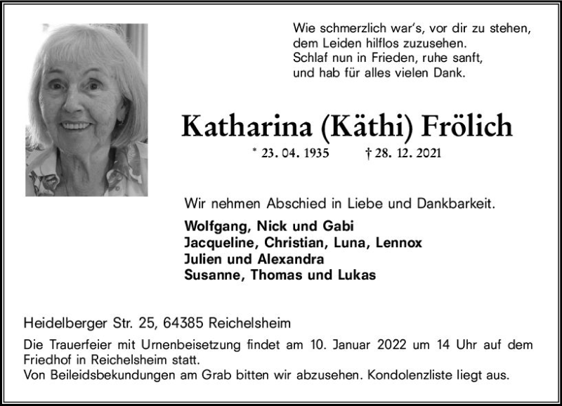 Traueranzeige für Katharina Frölich vom 05.01.2022 aus vrm-trauer Odenwälder Echo