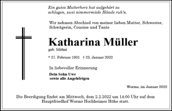 Traueranzeige von Katharina Müller von vrm-trauer Wormser Zeitung