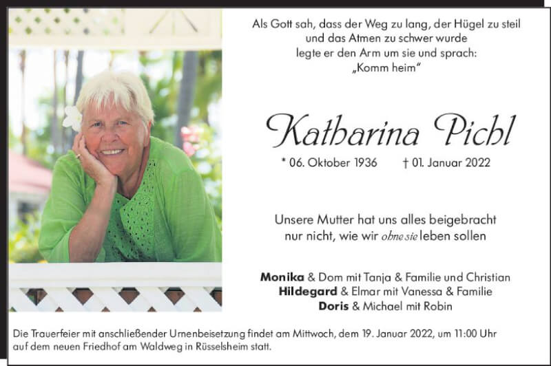  Traueranzeige für Katharina Pichl vom 15.01.2022 aus vrm-trauer Rüsselsheimer Echo / MainSpitze