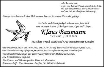 Traueranzeige von Klaus Baumann von vrm-trauer Odenwälder Echo