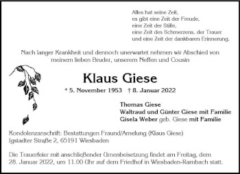 Traueranzeige von Klaus Giese von vrm-trauer Wiesbadener Kurier