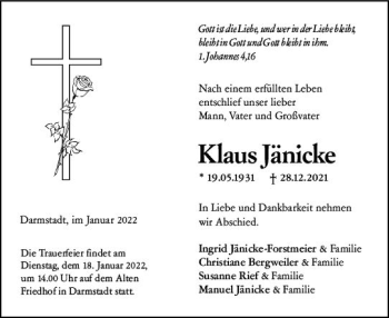 Traueranzeige von Klaus Jänicke von vrm-trauer Darmstädter Echo