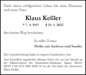 Traueranzeige von Klaus Keßler von vrm-trauer AZ Mainz