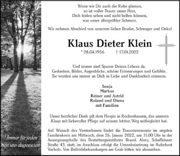 Traueranzeige von Klaus Dieter Klein von vrm-trauer Allgemeine Zeitung Alzey