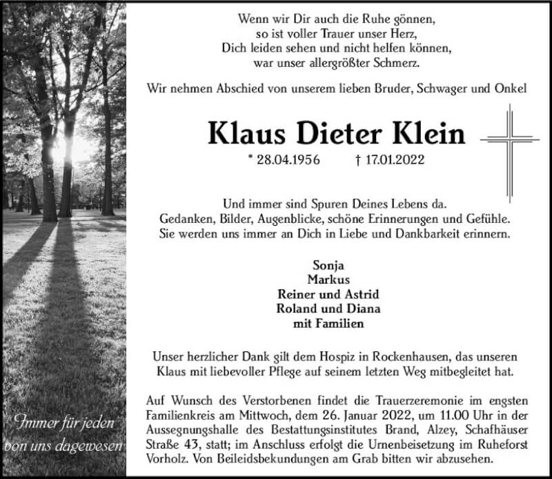  Traueranzeige für Klaus Dieter Klein vom 22.01.2022 aus vrm-trauer Allgemeine Zeitung Alzey
