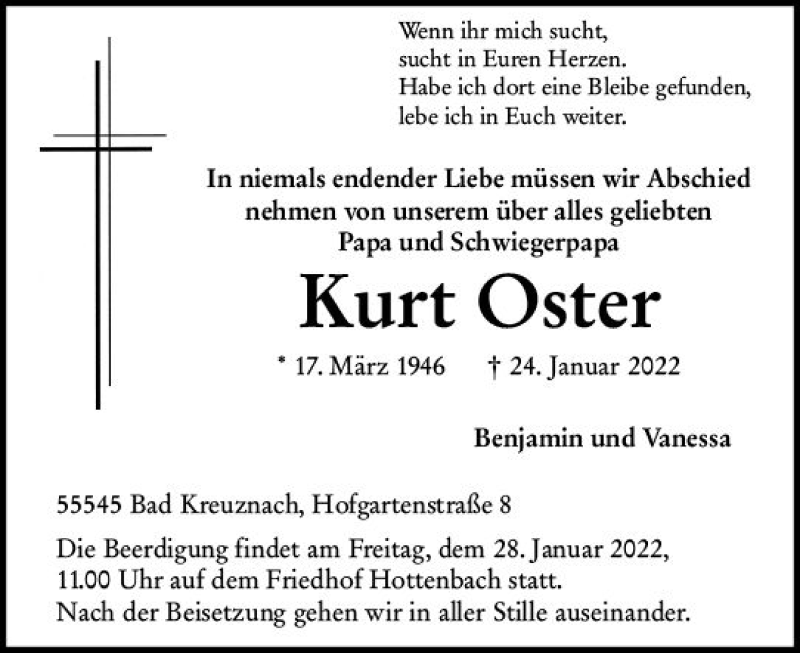  Traueranzeige für Kurt Oster vom 28.01.2022 aus vrm-trauer Allg. Zeitung Bad Kreuznach