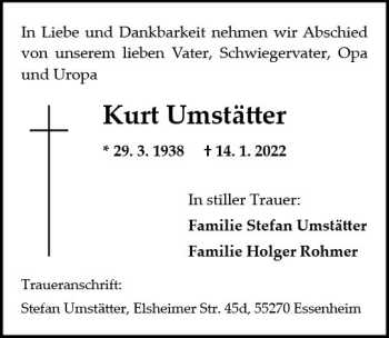 Traueranzeige von Kurt Umstätter von vrm-trauer AZ Mainz