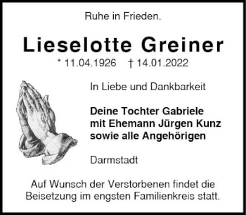 Traueranzeige von Lieselotte Greiner von vrm-trauer Darmstädter Echo