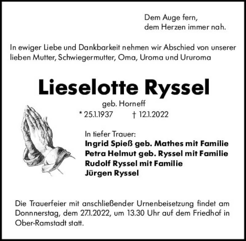  Traueranzeige für Lieselotte Ryssel vom 22.01.2022 aus vrm-trauer Darmstädter Echo