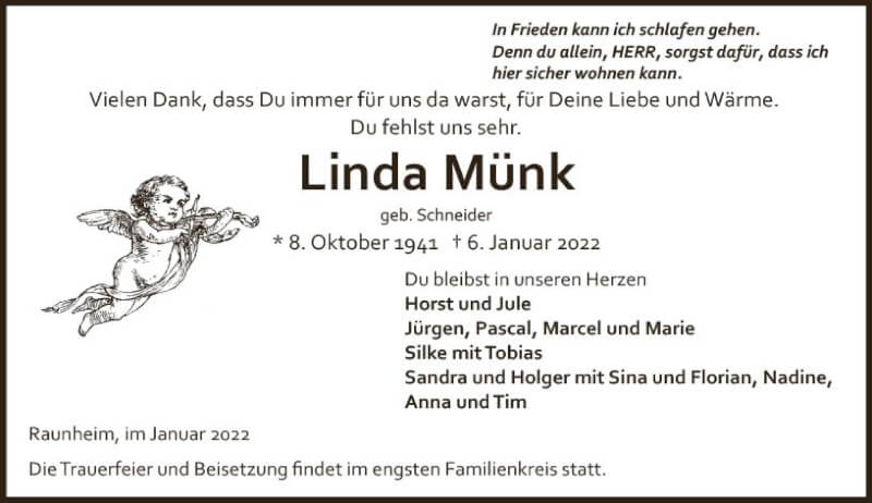  Traueranzeige für Linda Münk vom 15.01.2022 aus vrm-trauer Rüsselsheimer Echo / MainSpitze