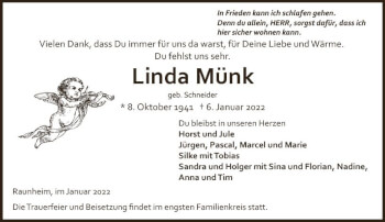 Traueranzeige von Linda Münk von vrm-trauer Rüsselsheimer Echo / MainSpitze