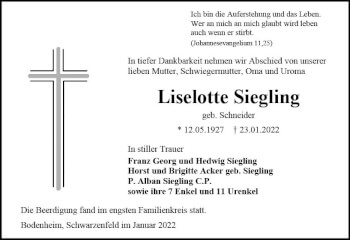 Traueranzeige von Liselotte Siegling von vrm-trauer AZ Mainz