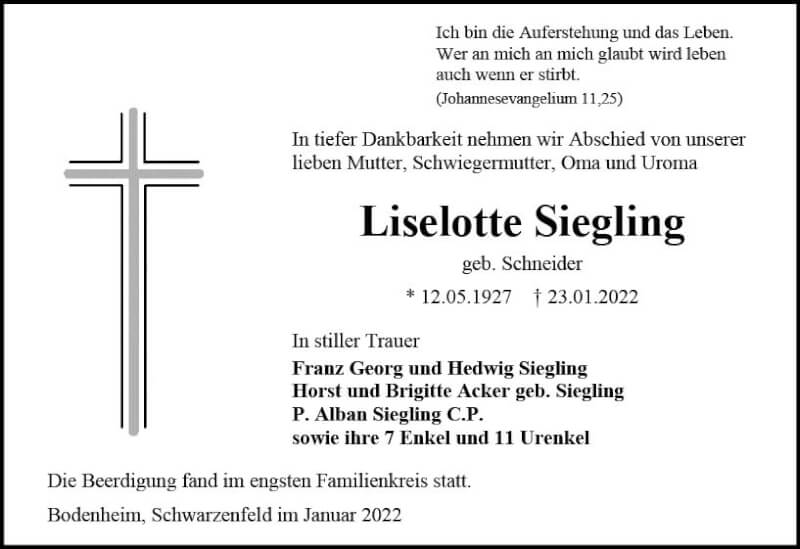  Traueranzeige für Liselotte Siegling vom 29.01.2022 aus vrm-trauer AZ Mainz
