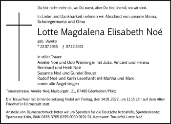 Traueranzeige von Lotte Magdalena Elisabeth Noe von vrm-trauer Darmstädter Echo