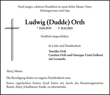 Traueranzeige von Ludwig Orth von vrm-trauer Allgemeine Zeitung Alzey