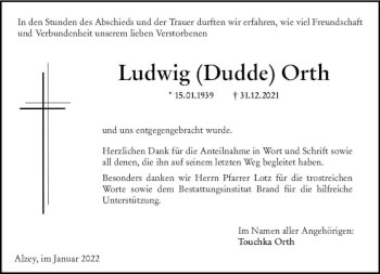 Traueranzeige von Ludwig Orth von vrm-trauer Allgemeine Zeitung Alzey